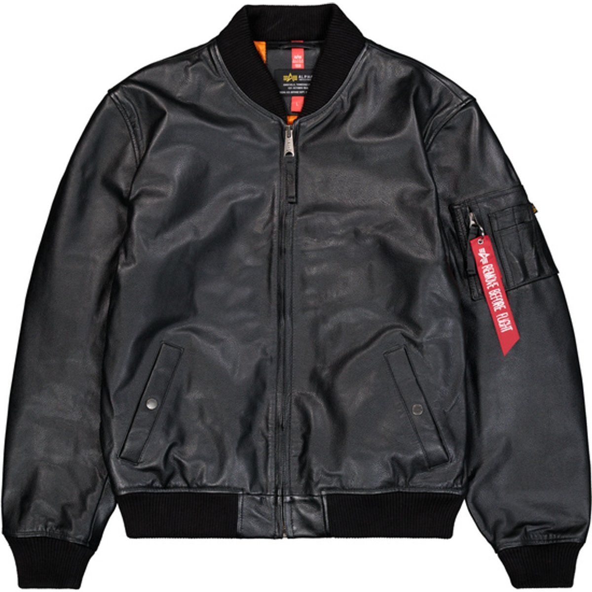Leder Bomberjacke mit Rippstrickbesatz