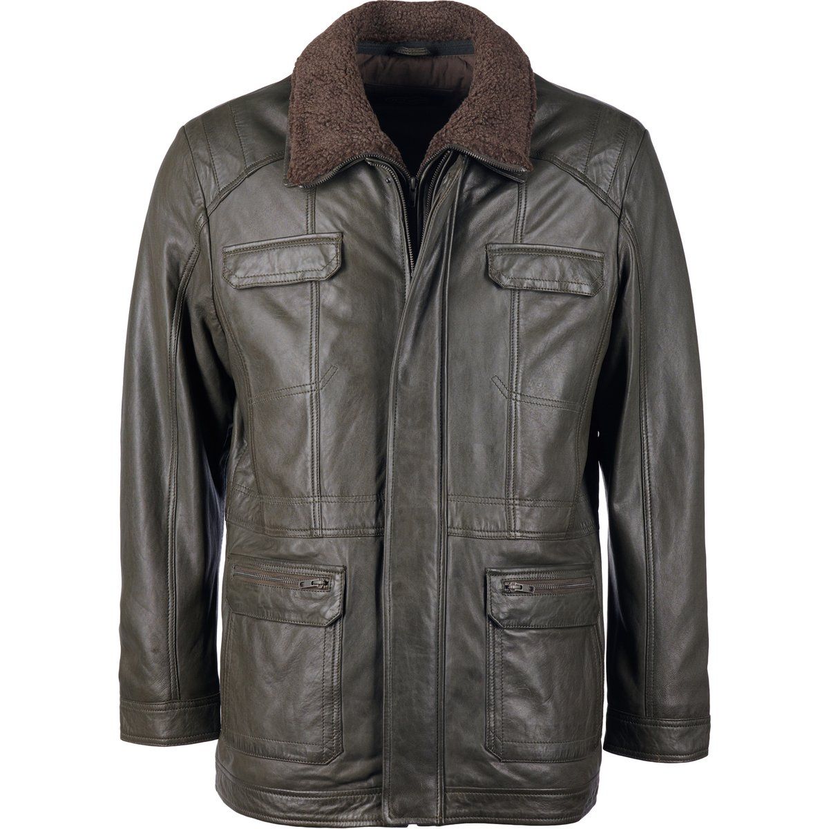 Olivgrüne Lederjacke mit Fellkragen