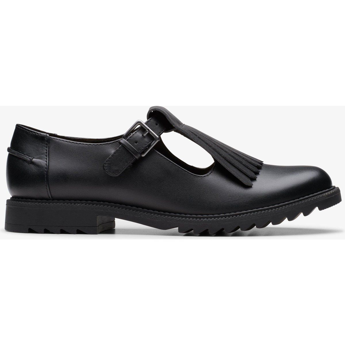 Schwarzer T-Strap Lederschuh mit Fransen