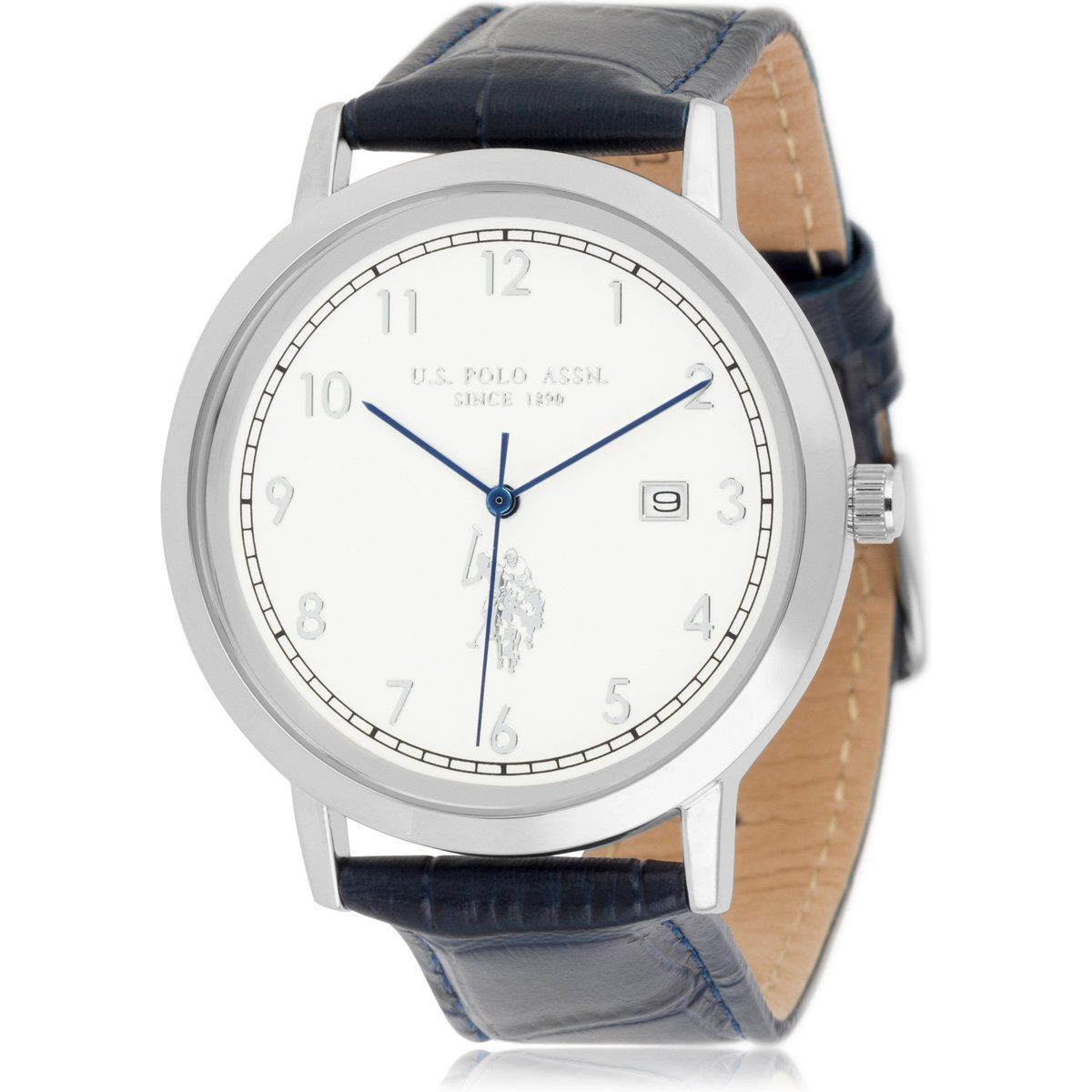 Silbernes Gehäuse blaue Lederuhr