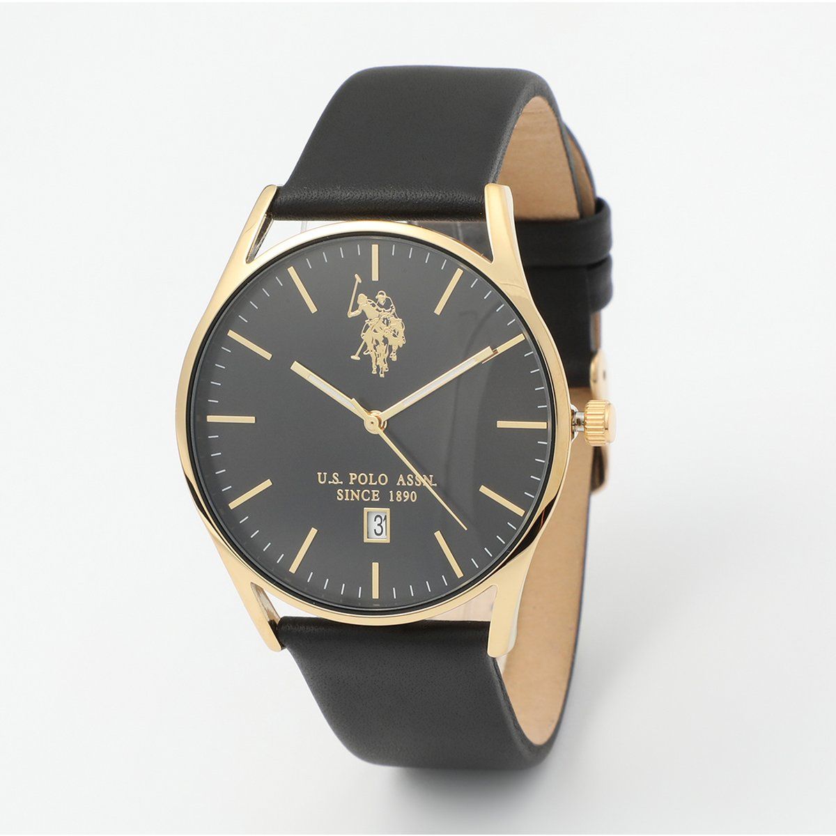 Klassische goldfarbene Schwarzes Lederuhr