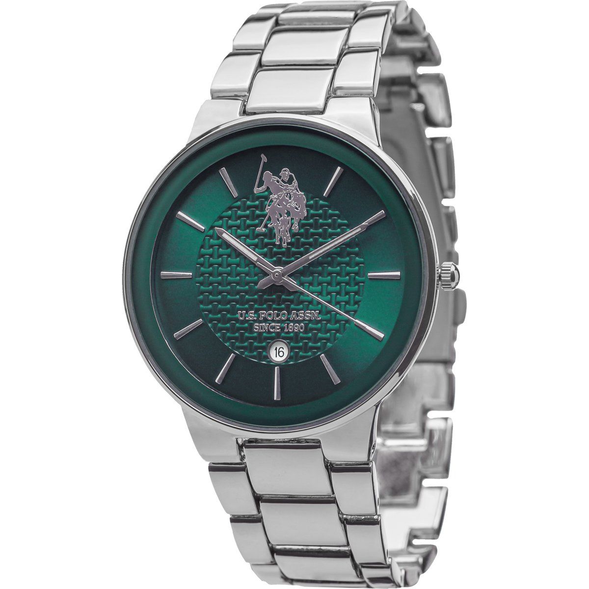 Elegante silberne Armbanduhr mit grünem Zifferblatt