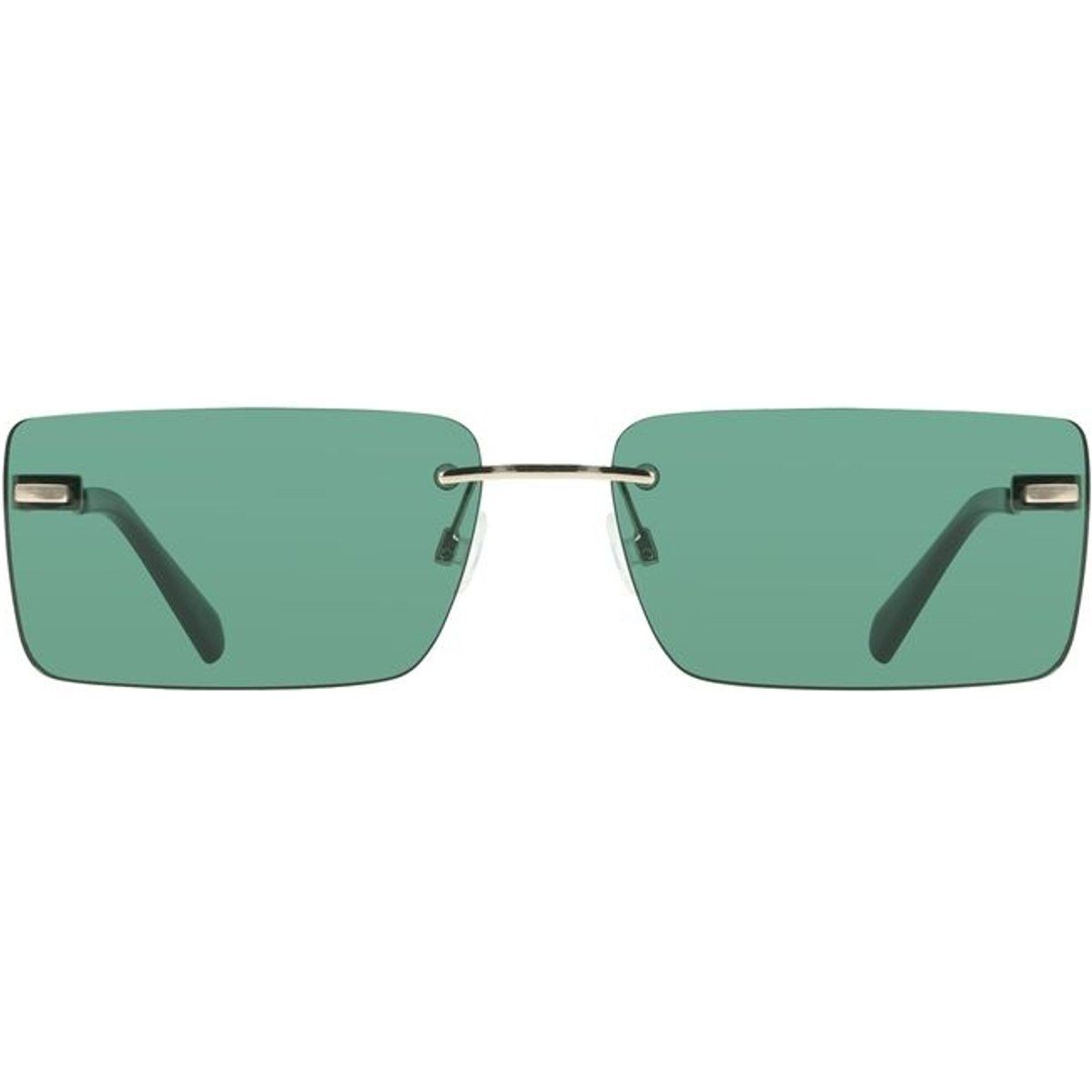 Rechteckige, randlose Sonnenbrille mit grünen Gläsern