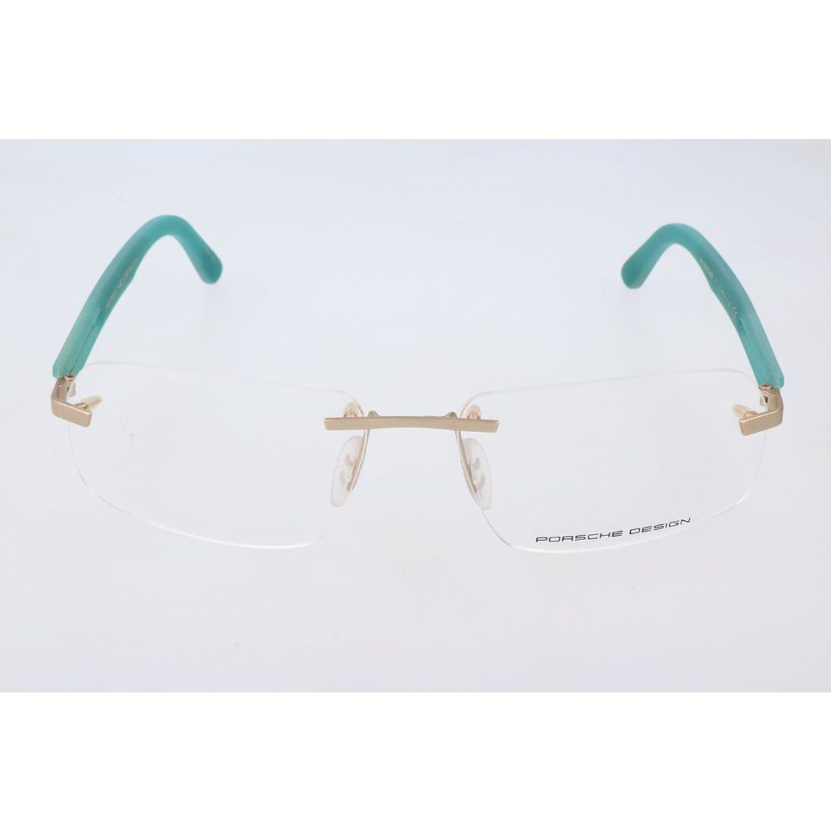 Randlose Brille mit türkisfarbenen Acetatbügeln
