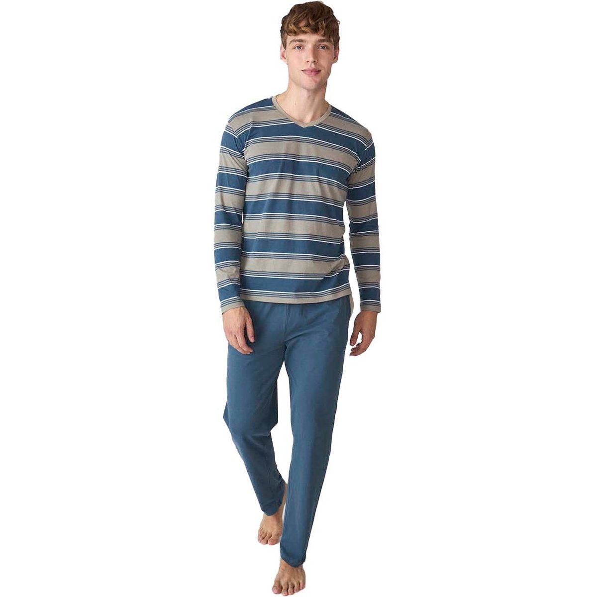 Gestreifter Baumwoll-Schlafanzug mit V-Ausschnitt
