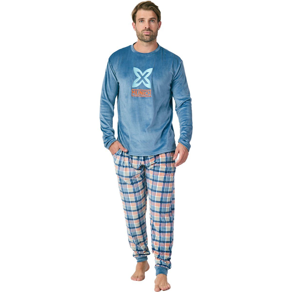 Herren-Samt-Loungeset mit karierter Hose