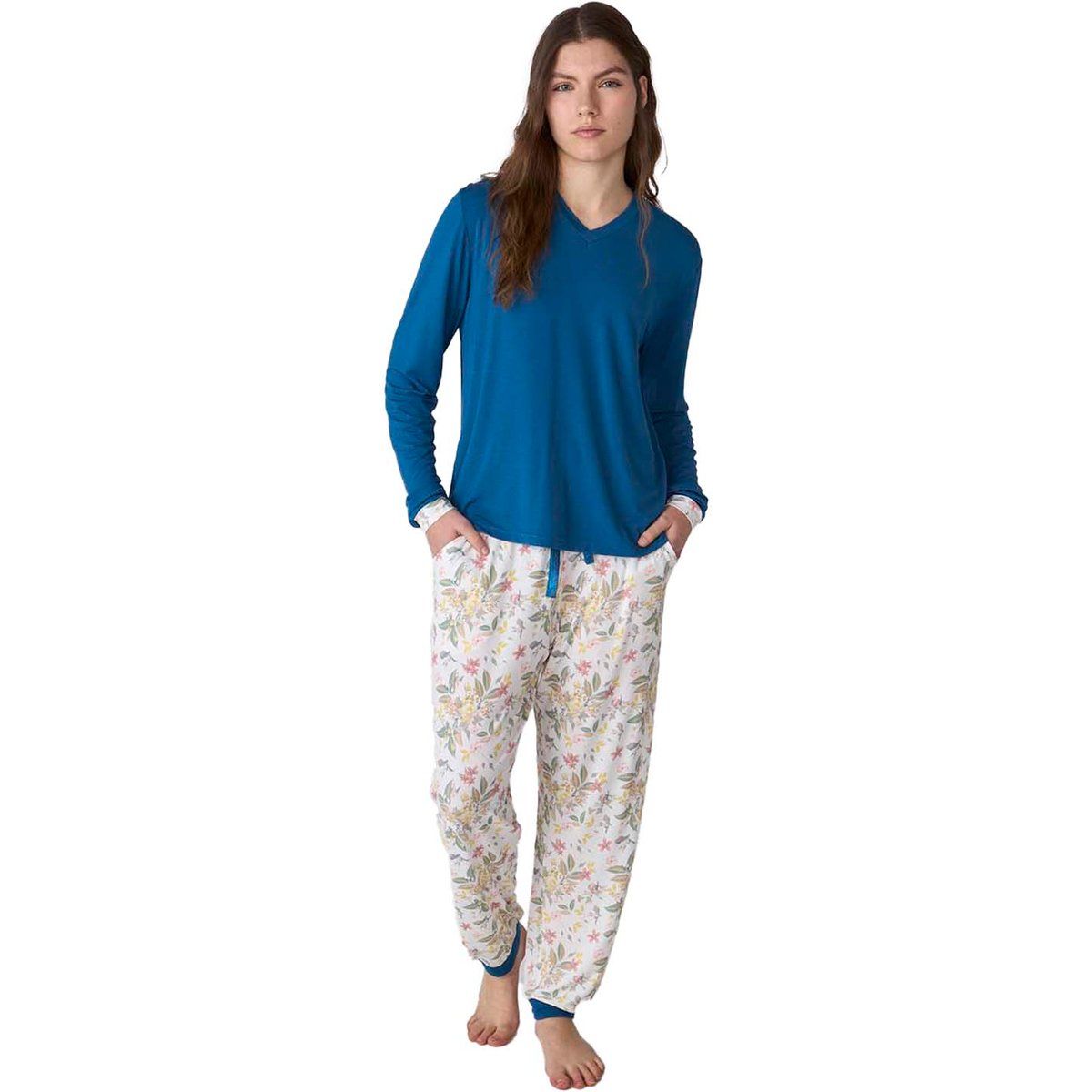 Langärmeliges Baumwoll-Pyjama-Set mit Blumenmuster