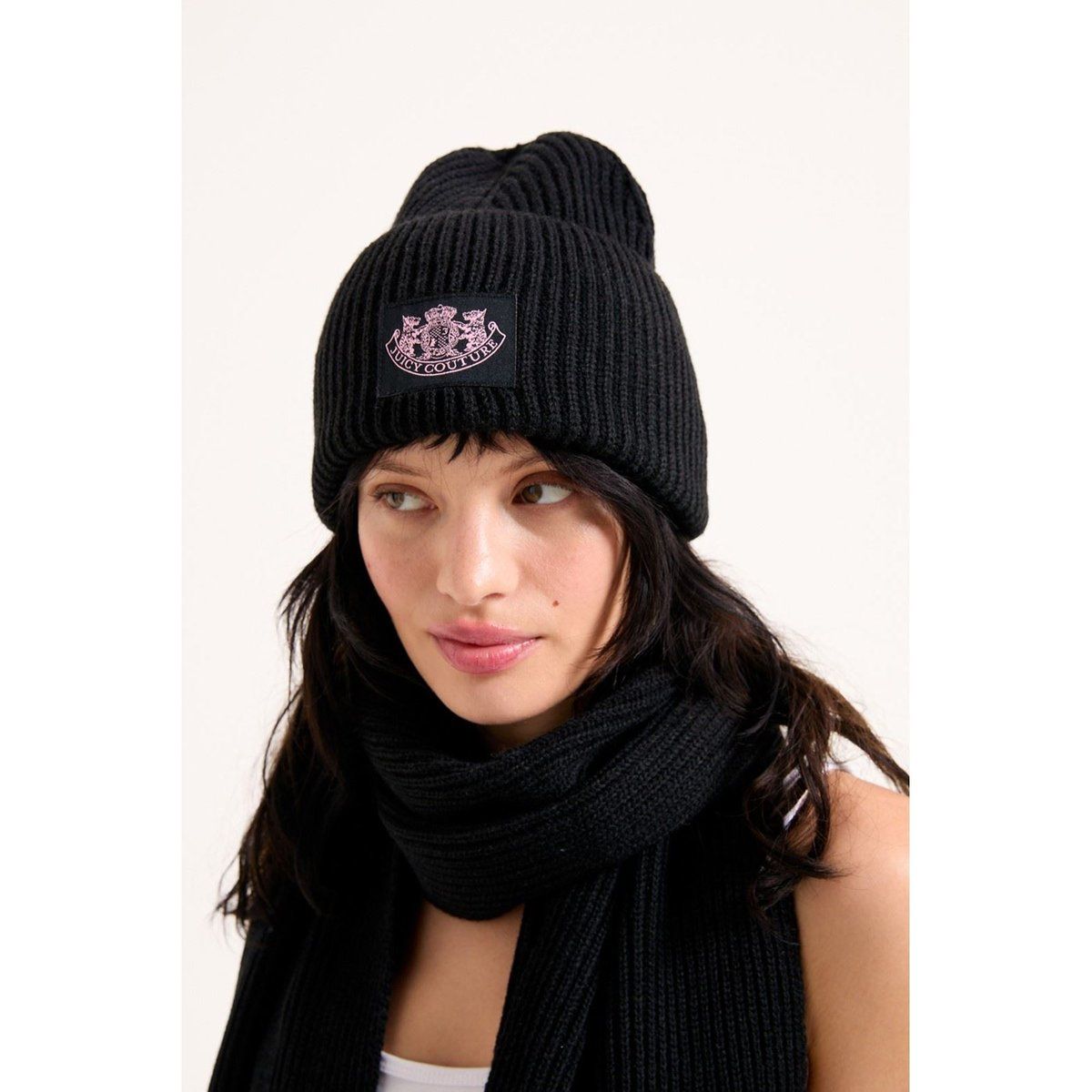 Juicy Couture Wappen Unisex Erwachsene Schwarzes Hut- und Schal-Set - Einheitsgröße