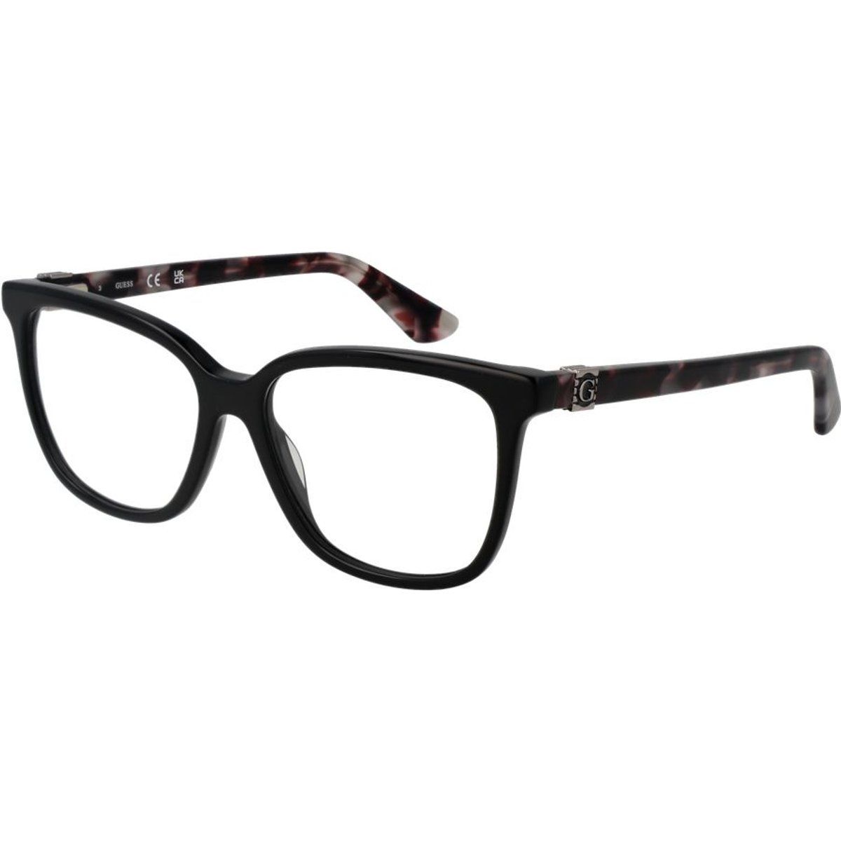 Klassische, rechteckige Brille mit gemusterten Bügeln