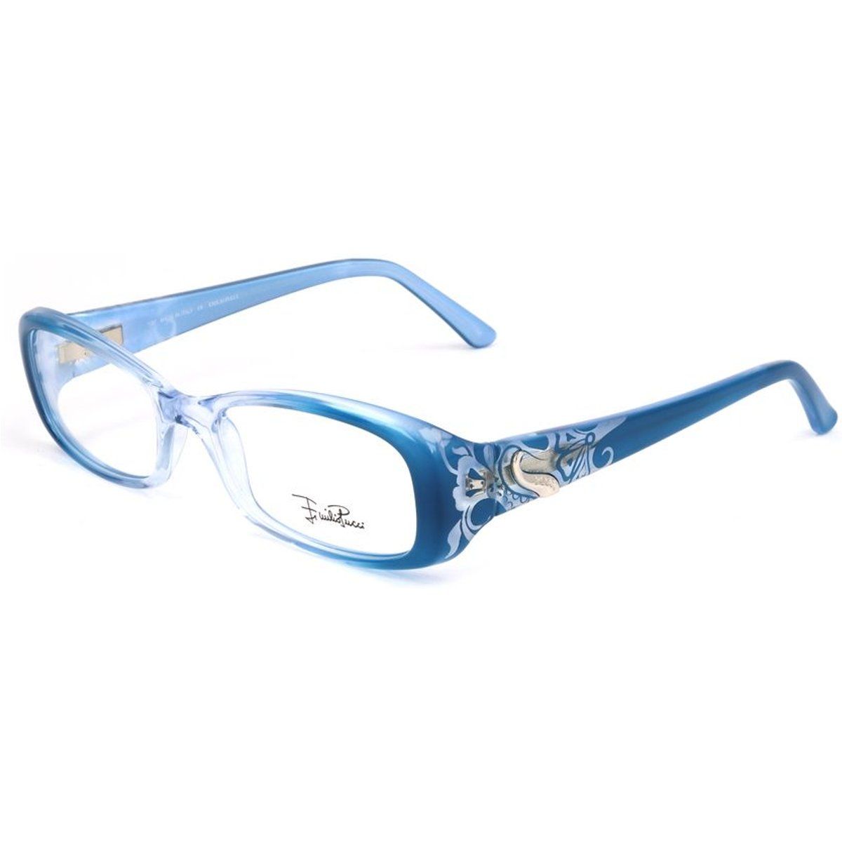 Blaue rechteckige Brille mit Blumendetail