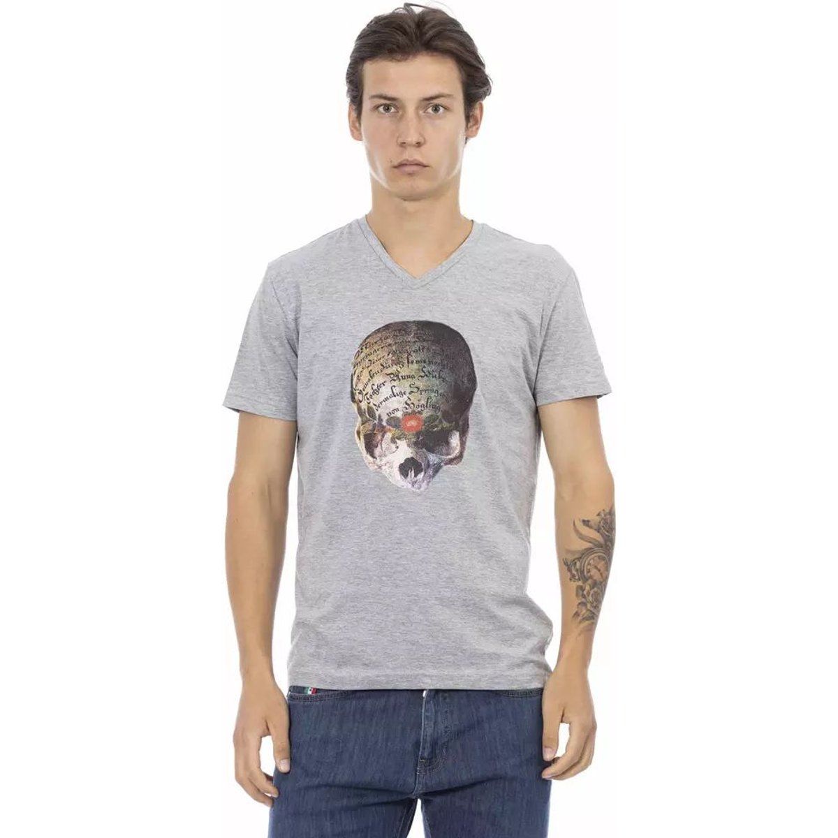T-Shirt mit V-Ausschnitt und Schädelgrafik