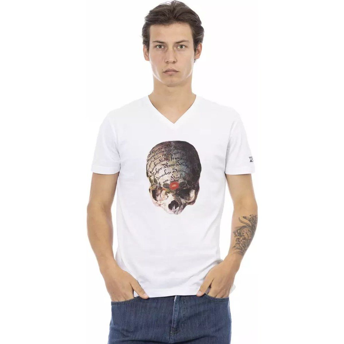 Herren Weißes Schädelgrafik V-Ausschnitt T-Shirt