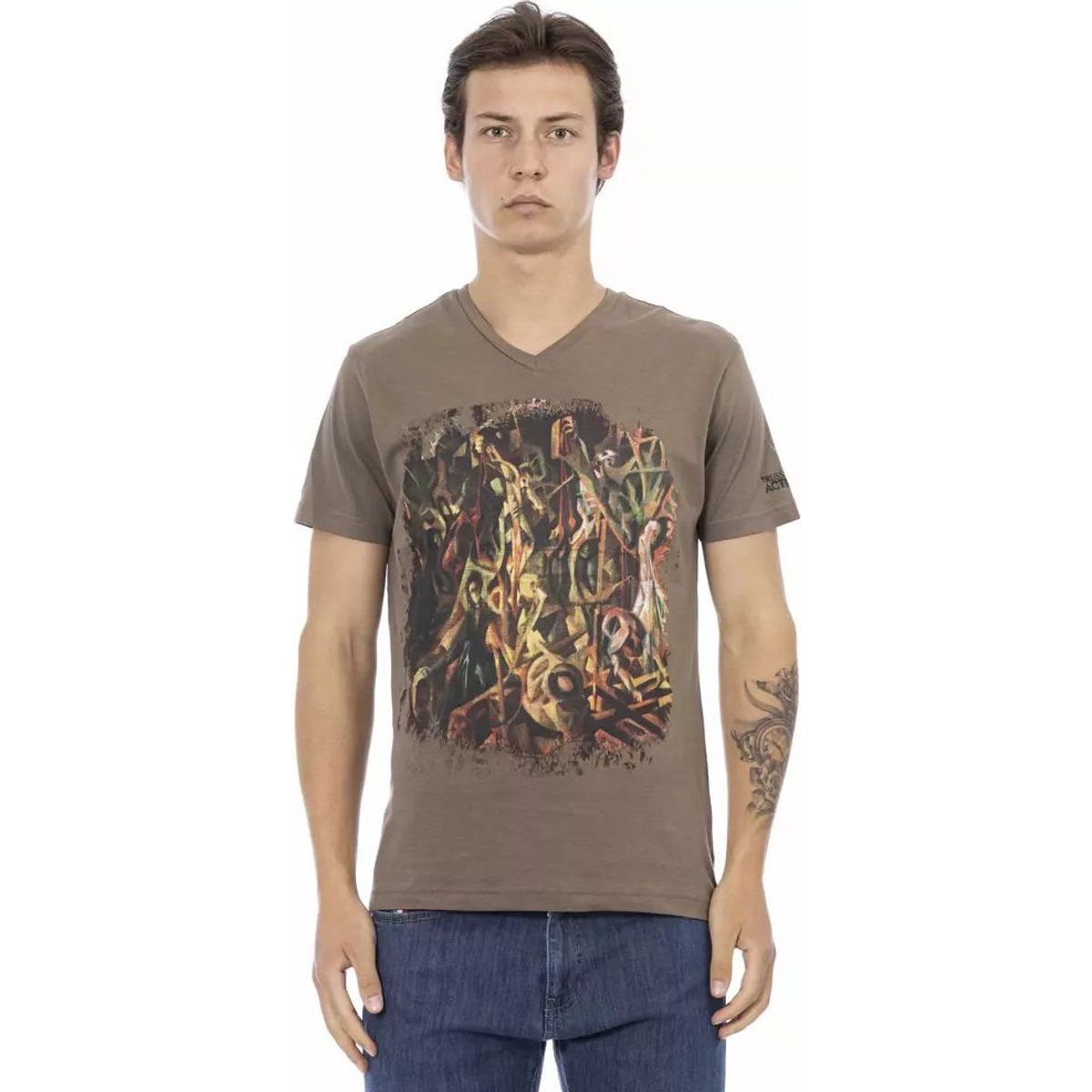 T-Shirt mit V-Ausschnitt und Abstraktem Print