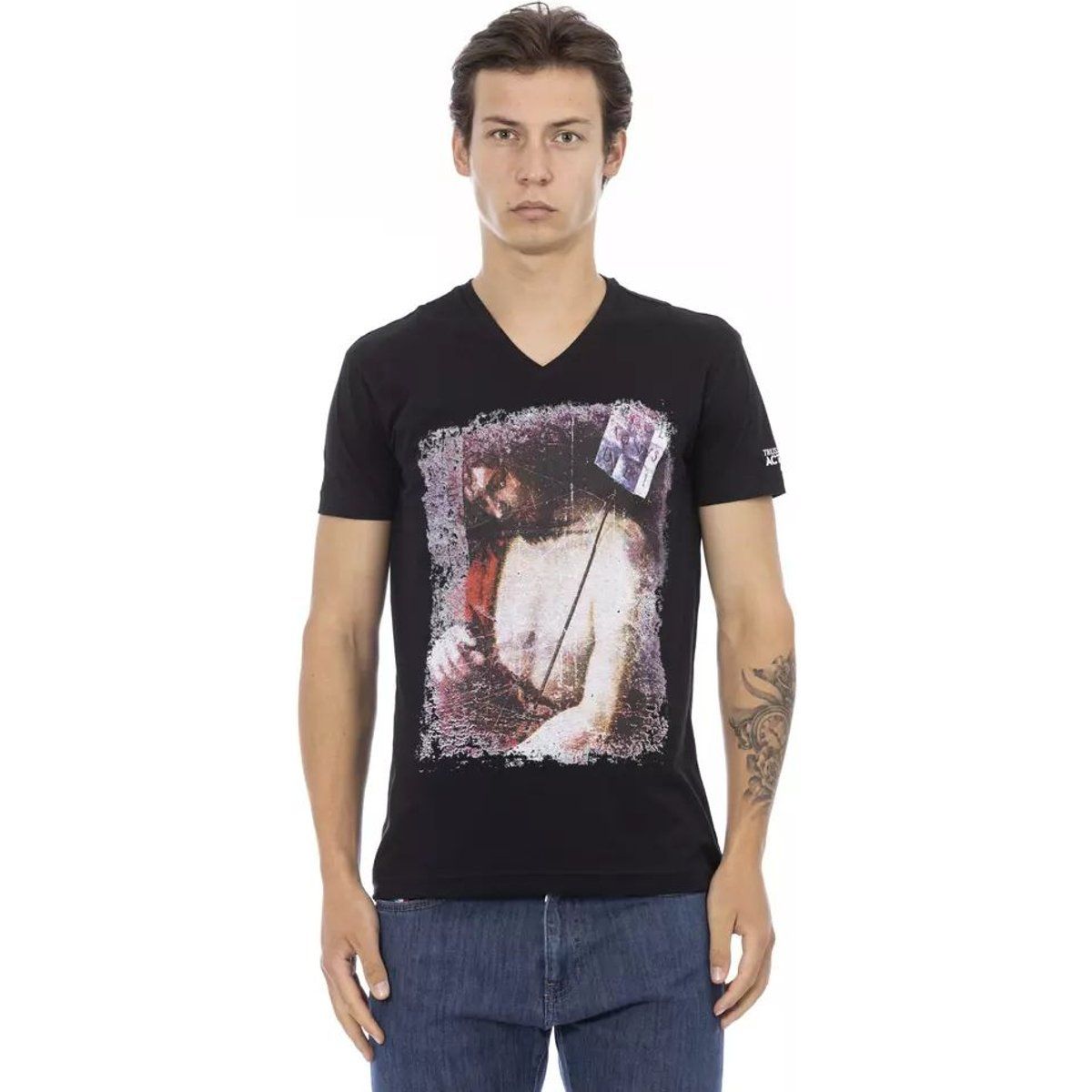 Baumwoll-T-Shirt mit Grafikdruck und V-Ausschnitt