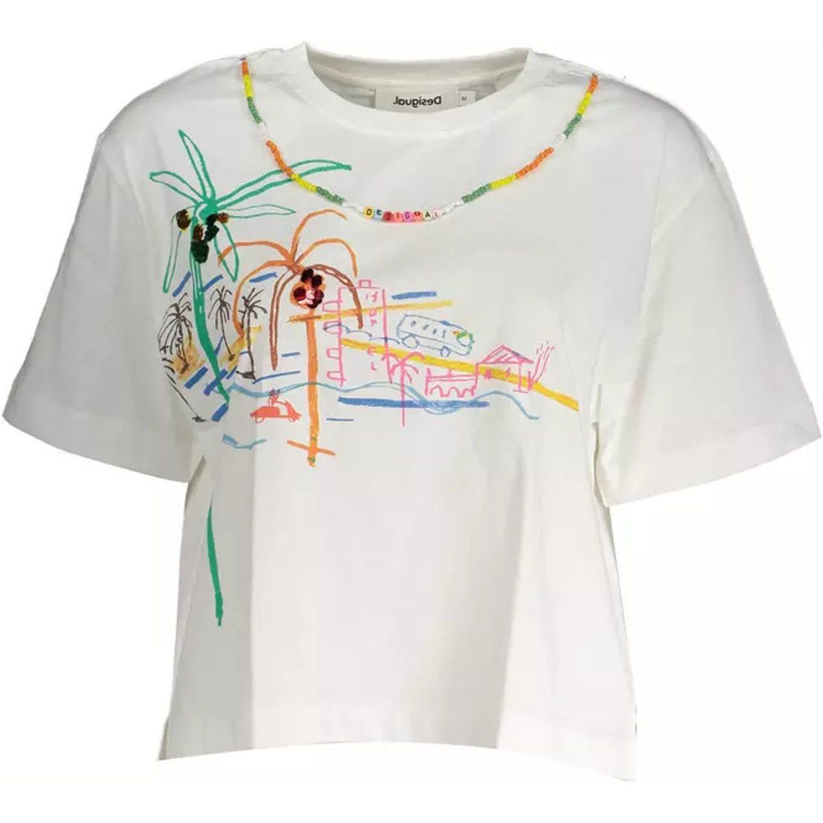 T-Shirt mit Strand-Szene und Perlen