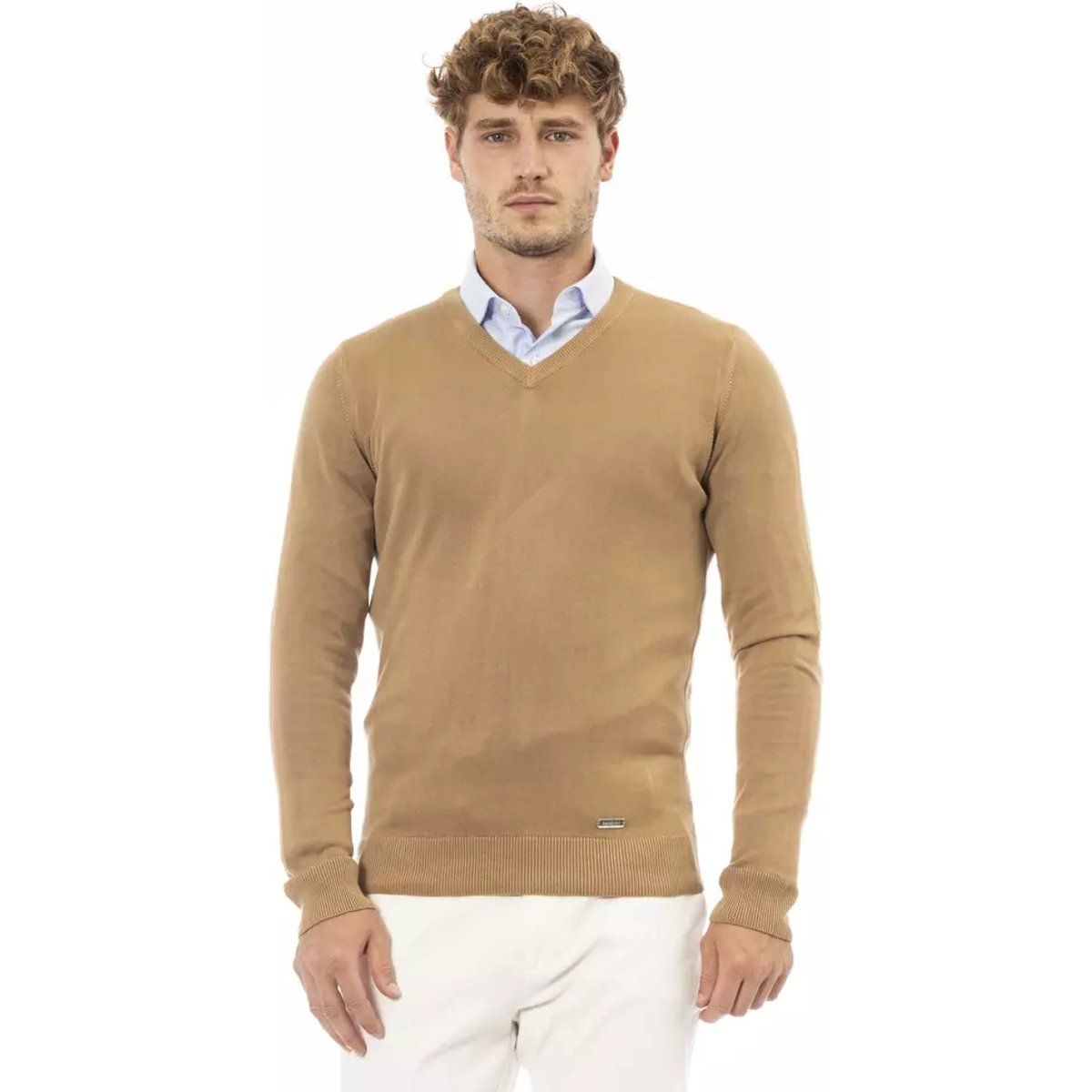 V-Ausschnitt Strickpullover Kamel