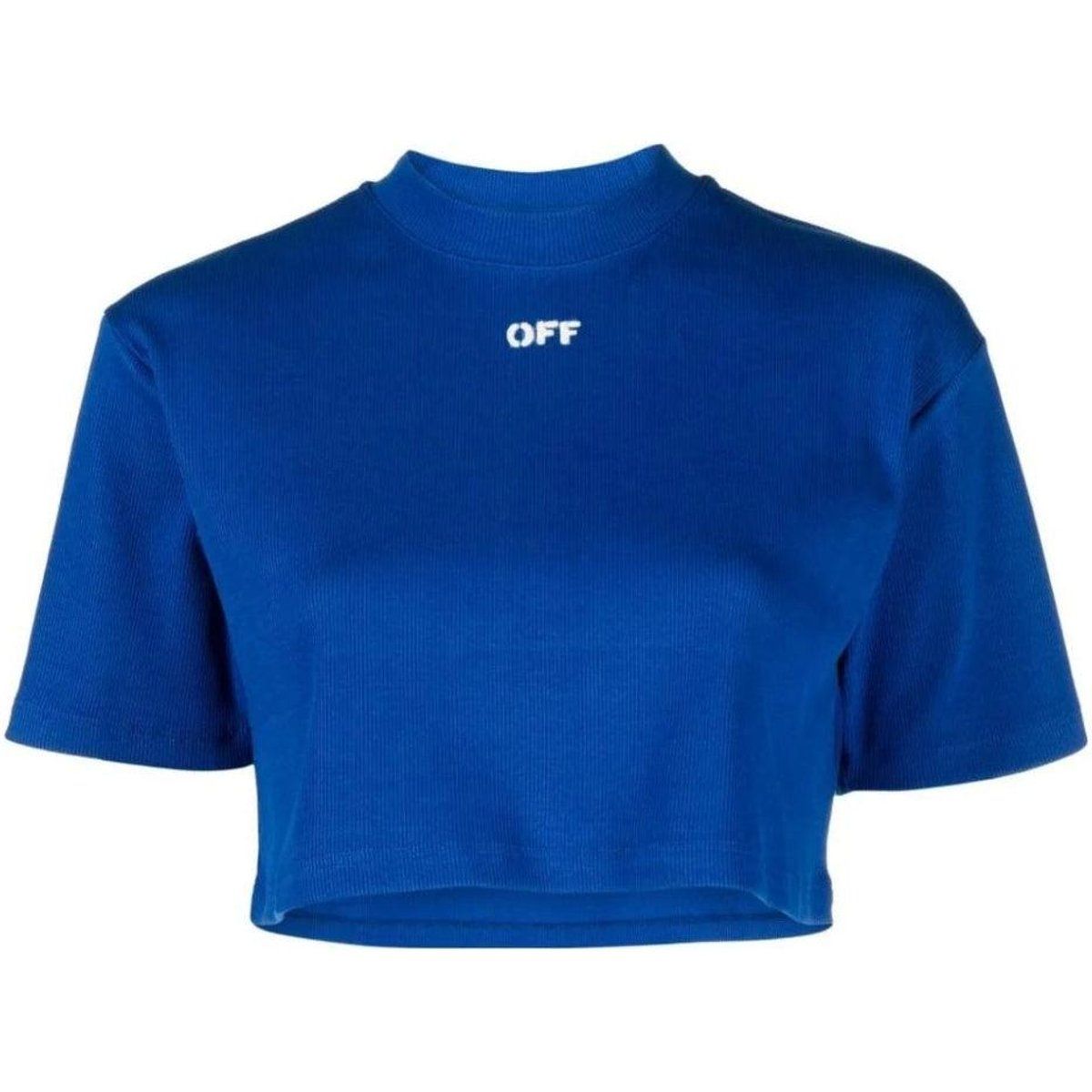 Off White - kurzes T-Shirt für Damen, gerippt (Blau)