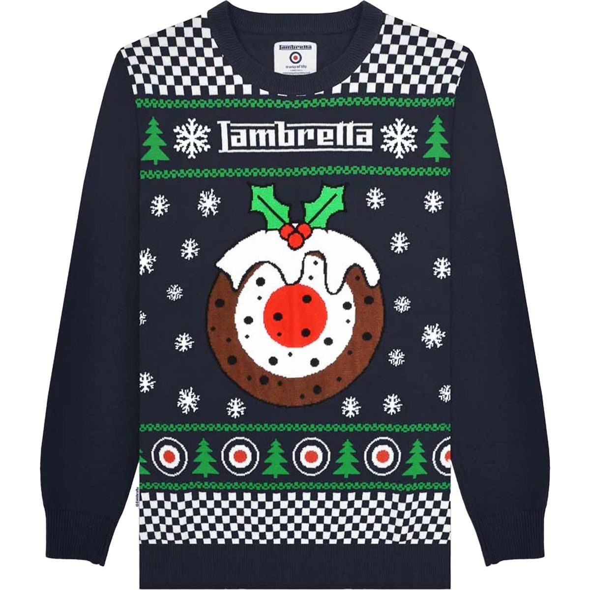 Weihnachtlicher Strickpullover mit Plum-Pudding-Motiv