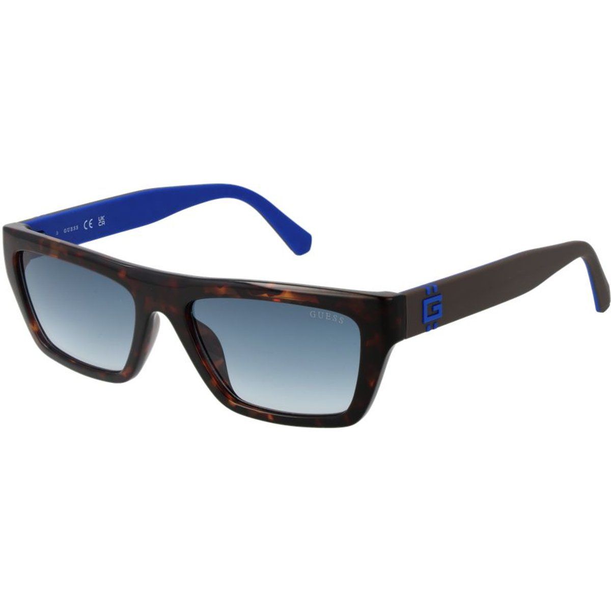 Rechteckige Schildpatt-Sonnenbrille mit blauen Akzenten
