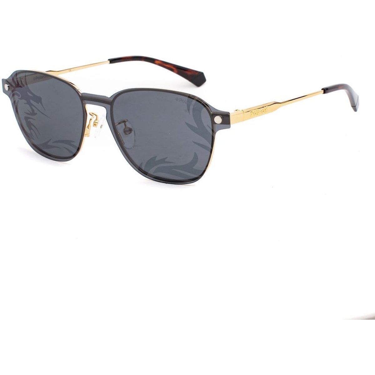Moderne quadratische Sonnenbrille mit goldenen Akzenten
