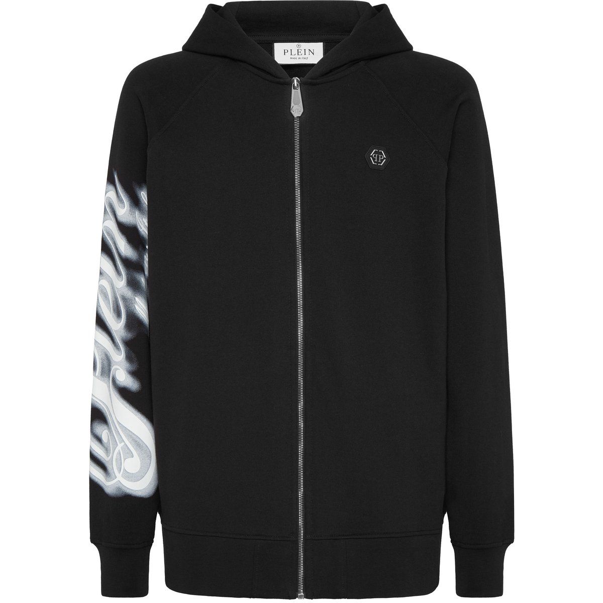 Schwarzer Baumwollfleece-Hoodie mit Reißverschluss