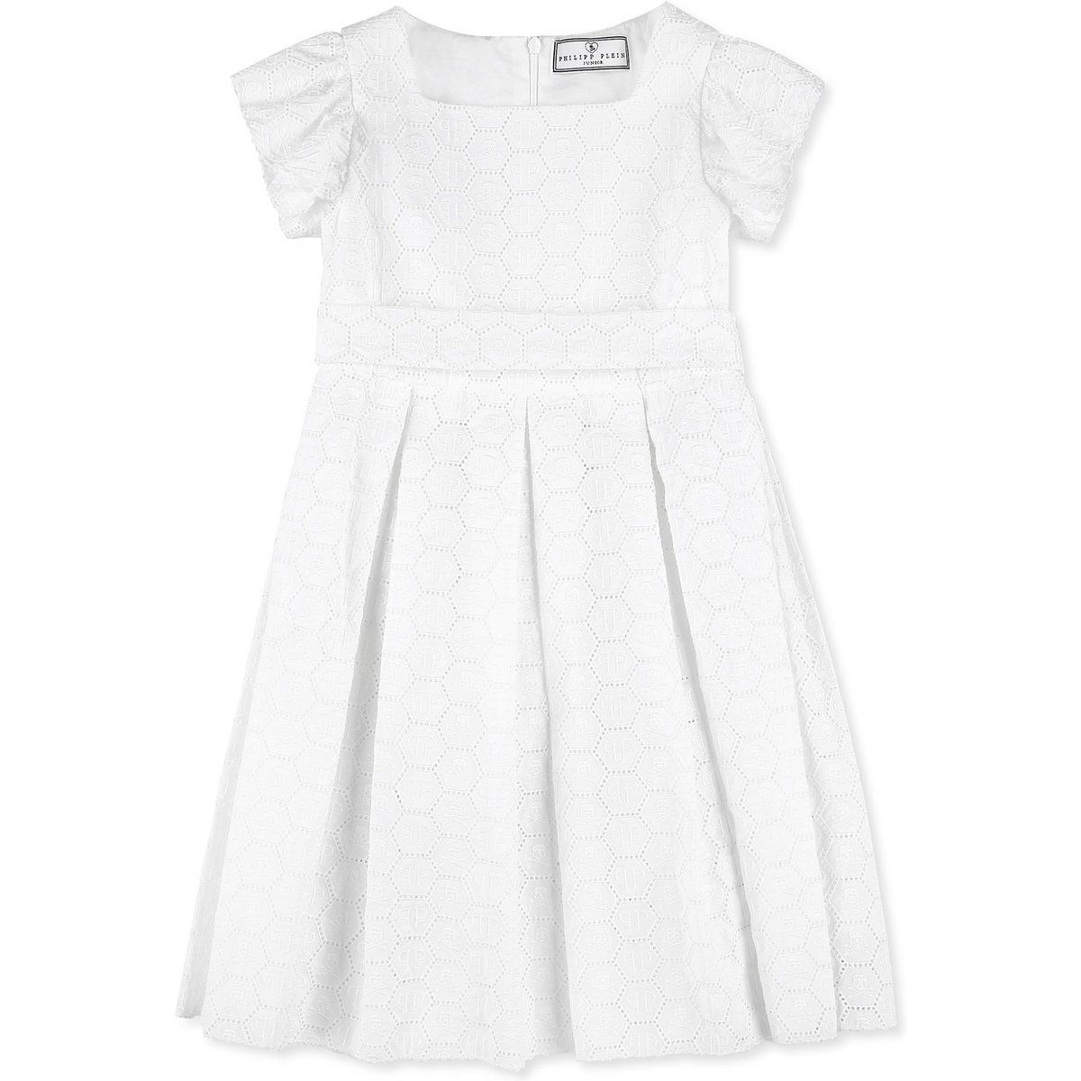 Weißes Kleid mit Lochstickerei und Falten