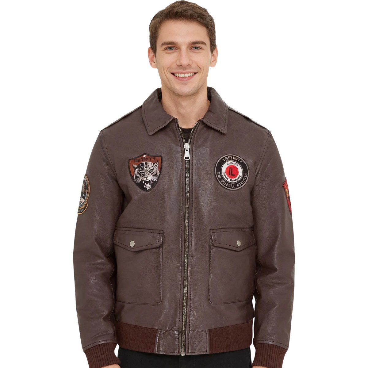 Braune Leder-Bomberjacke mit Aufnähern