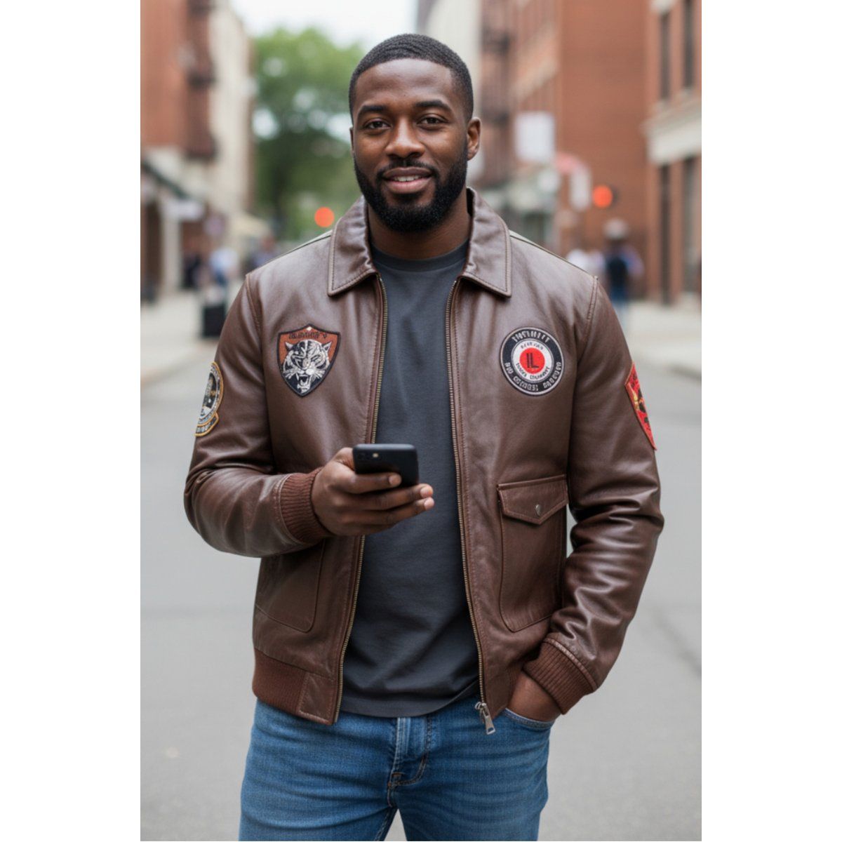 Leder Bomberjacke mit Aufnähern