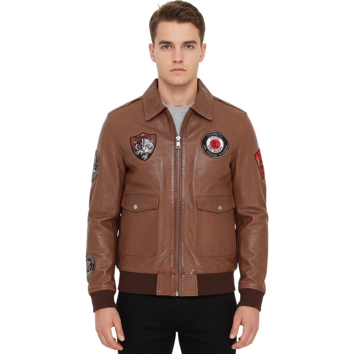 Herren-Bomberjacke aus braunem Leder