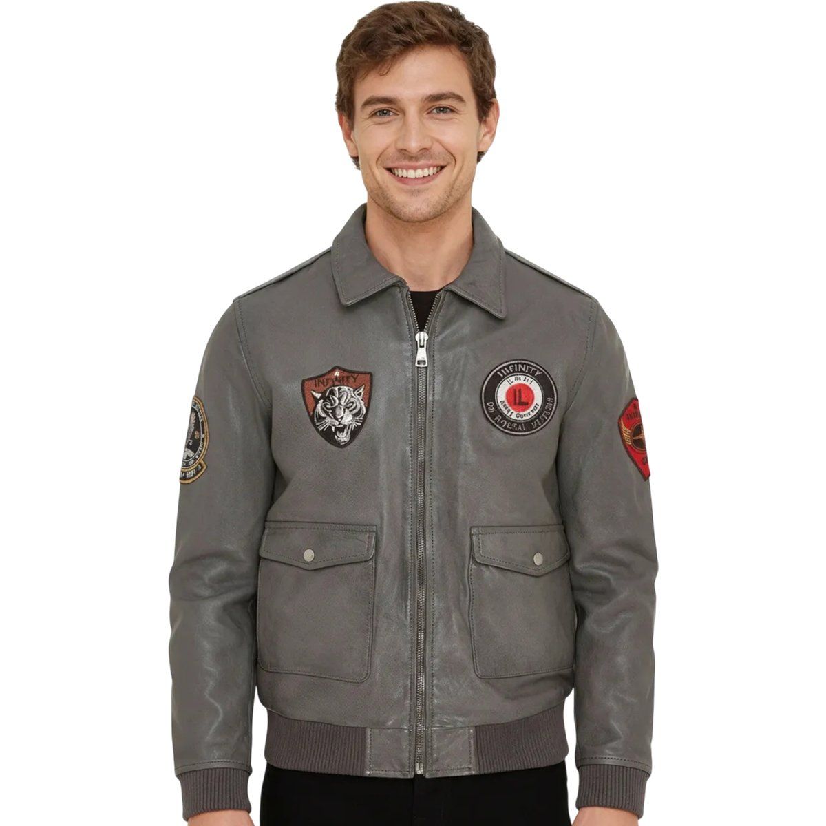 Graue Leder-Bomberjacke mit Aufnähern