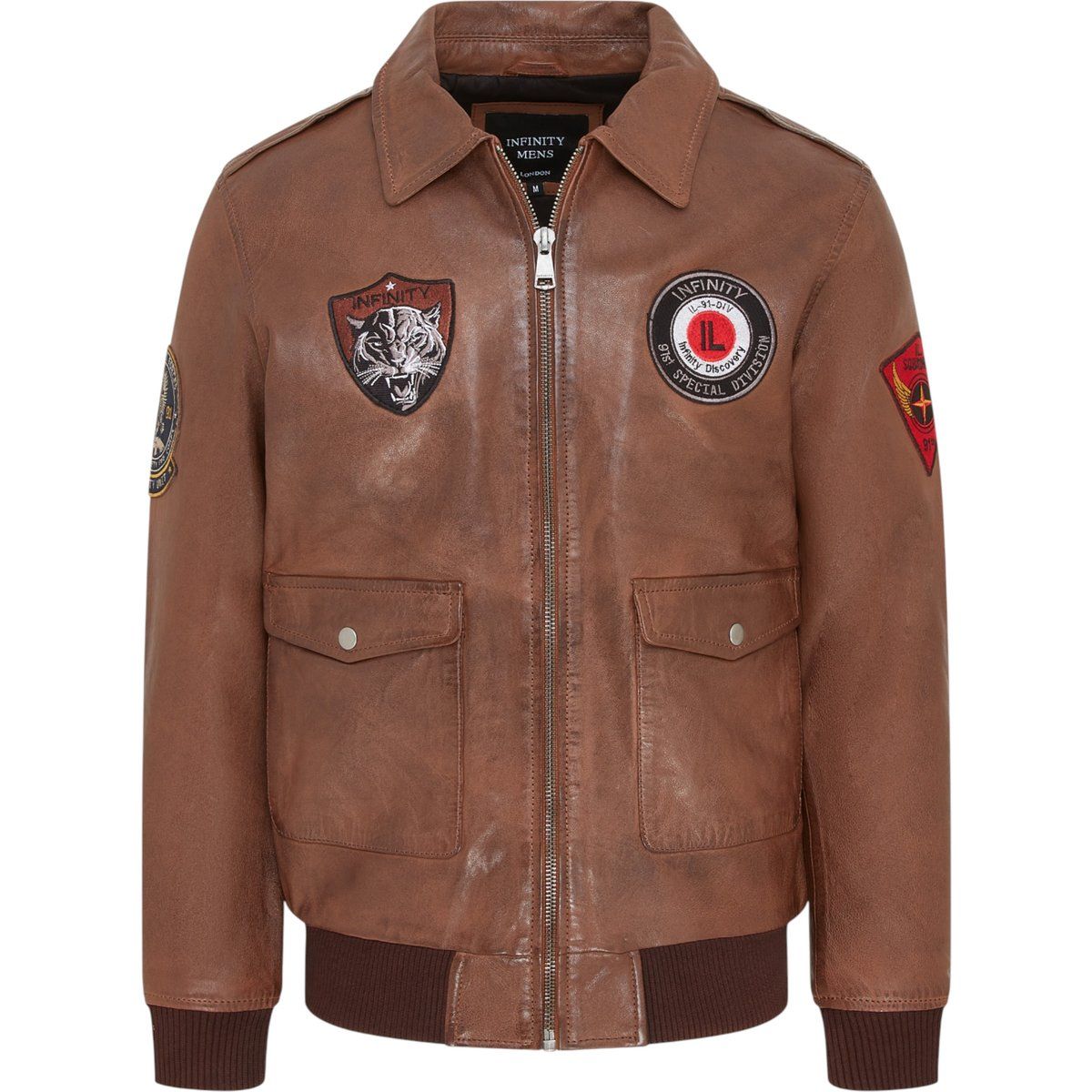 Hellbraune Leder-Bomberjacke mit Aufnähern
