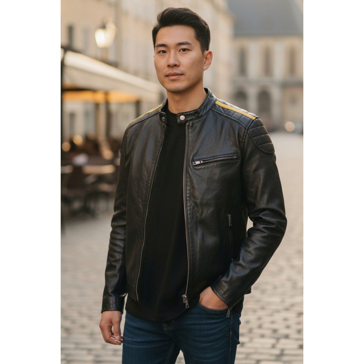 Schwarze Herren Bikerjacke aus Leder