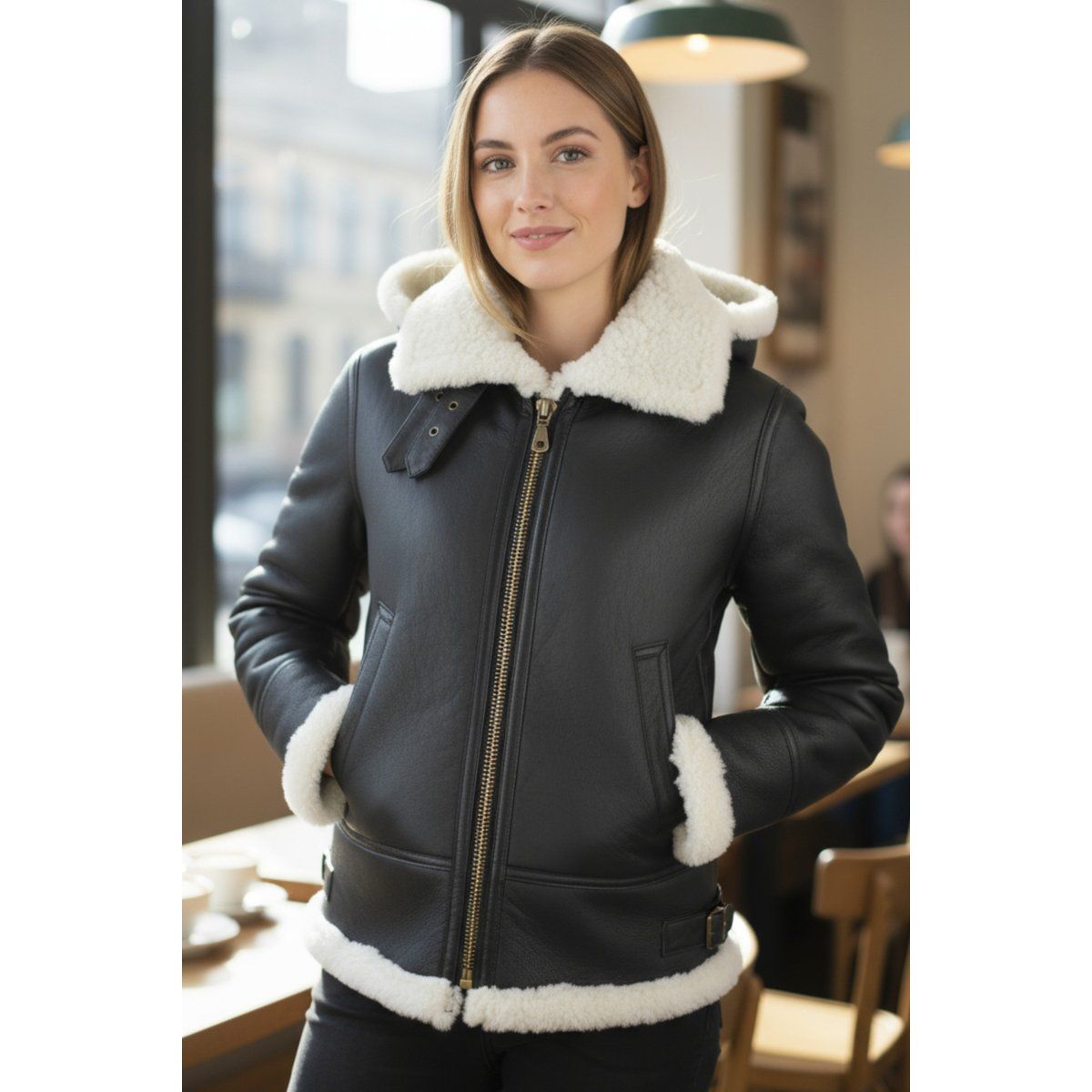 Kapuzen-Shearling-Leder-Bomberjacke