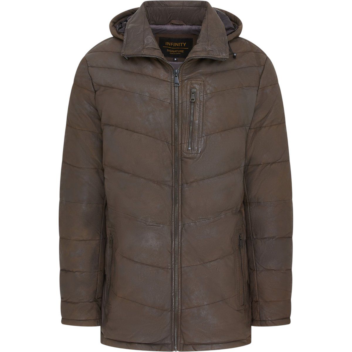Herren Braune Leder Steppjacke mit Kapuze