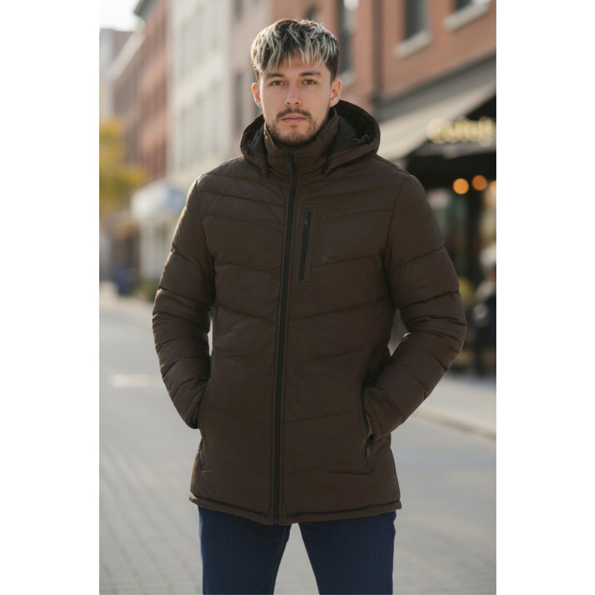 Herren Braune Steppjacke mit Kapuze
