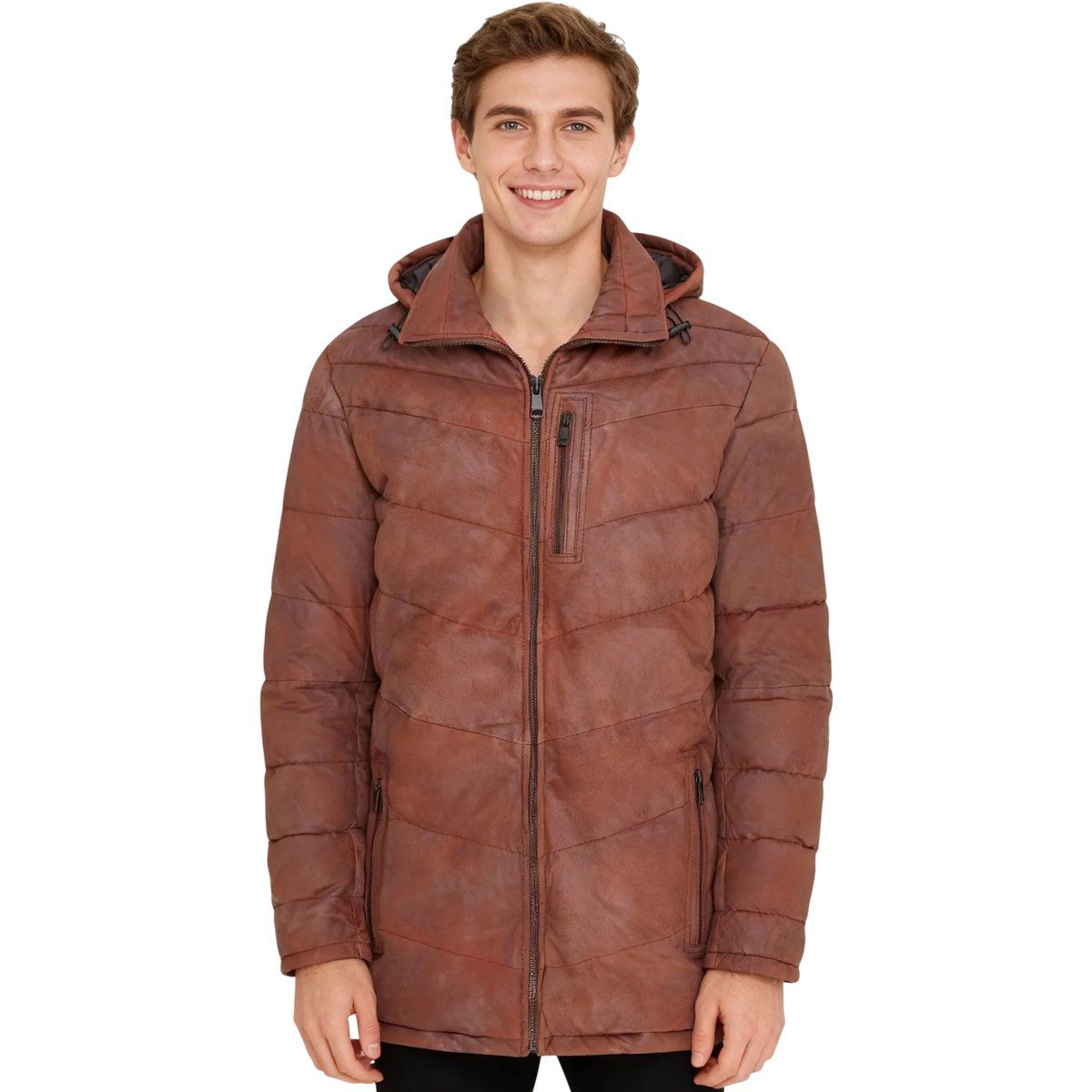 Leder Steppjacke mit abnehmbarer Kapuze