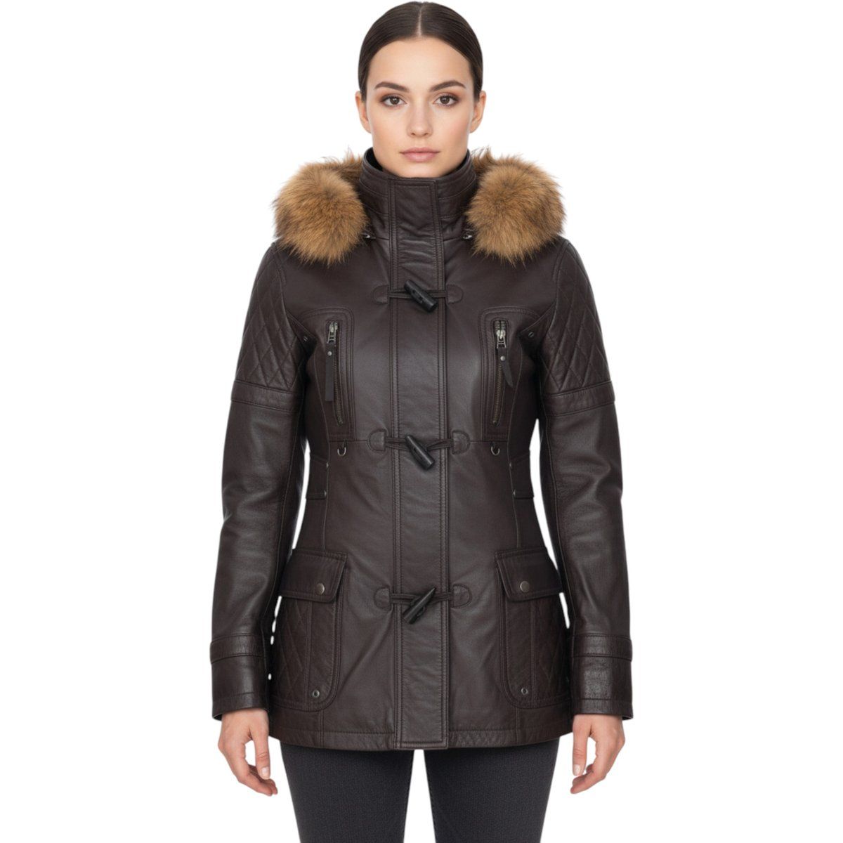 Brauner Lederparka mit Pelzkapuze