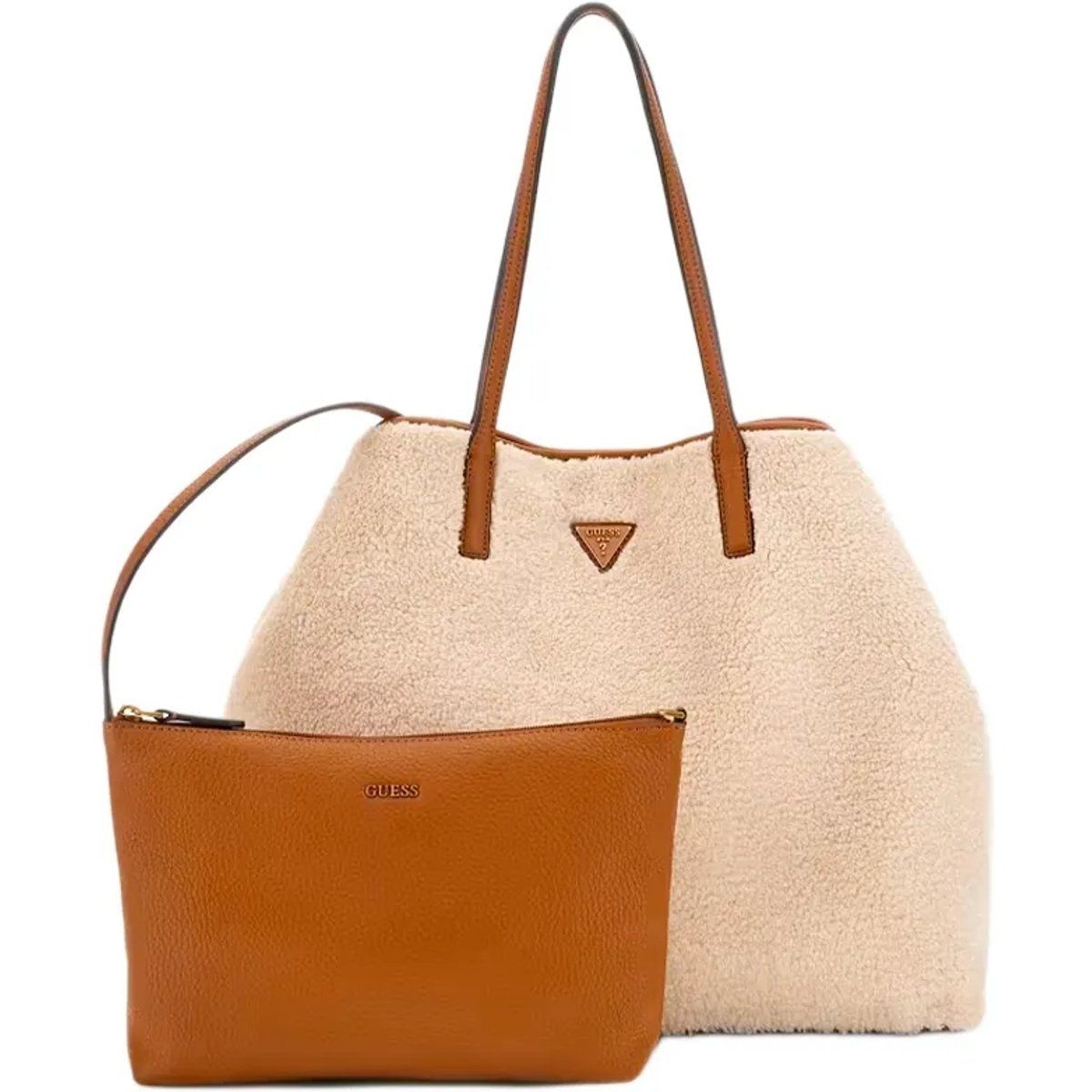Beige Handtaschen-Set mit Teddyfelloptik