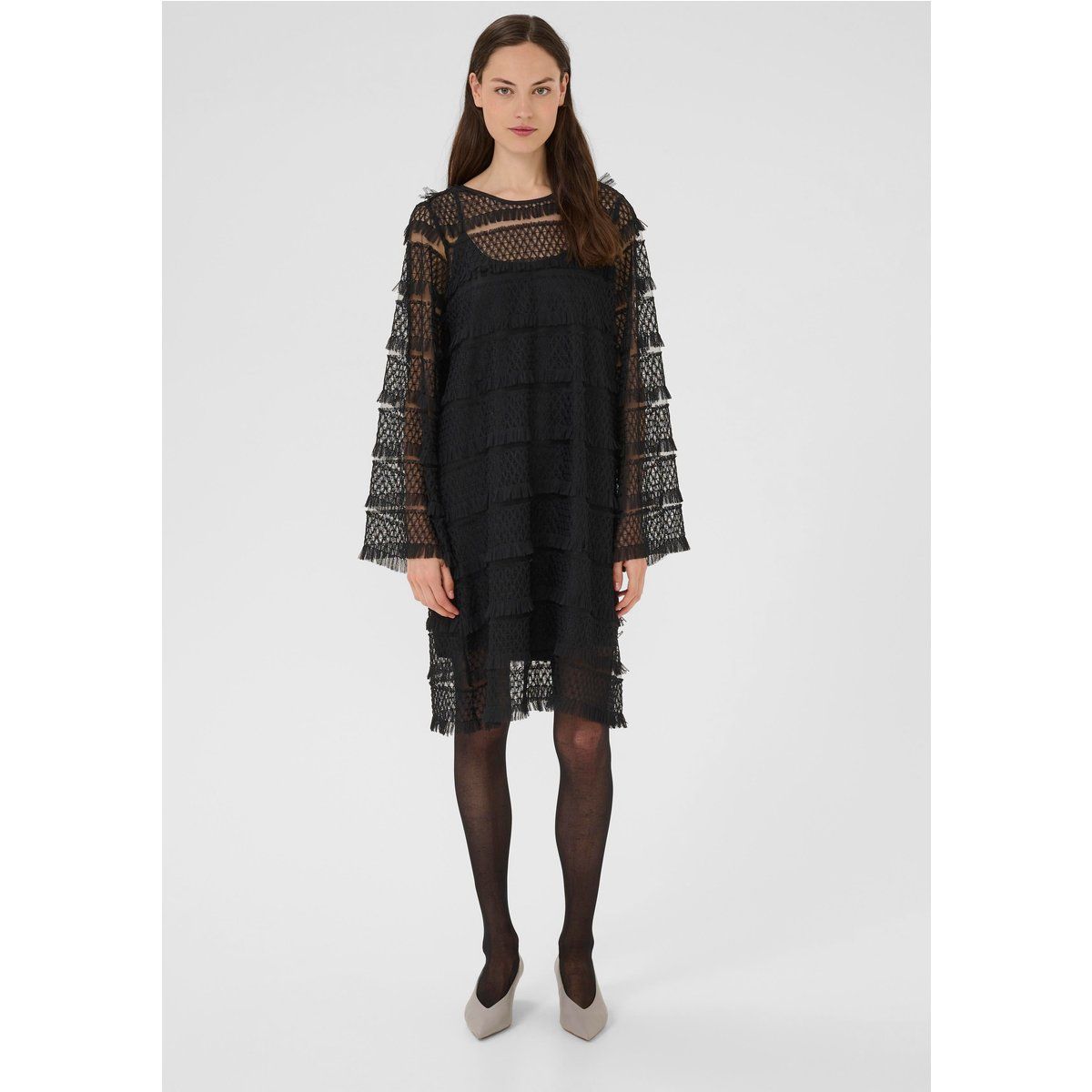 Mehrlagiges Mesh-Kleid mit Fransen