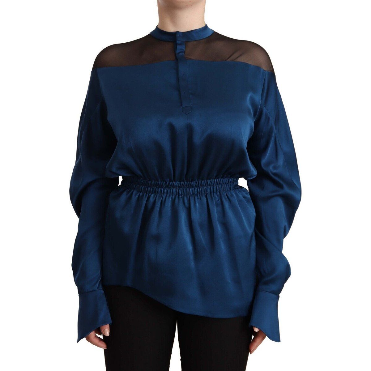 Masha Ma Seiden-Satin-Bluse mit hohem Kragen und langen Ärmeln