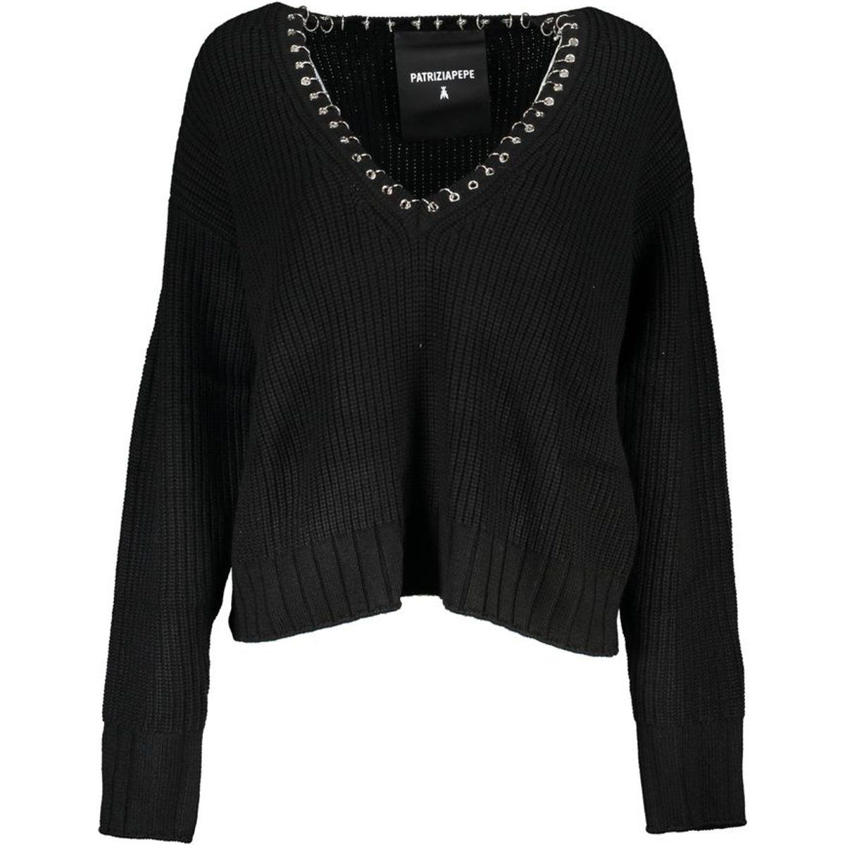 Kurzer gerippter V-Ausschnitt Pullover mit Nieten