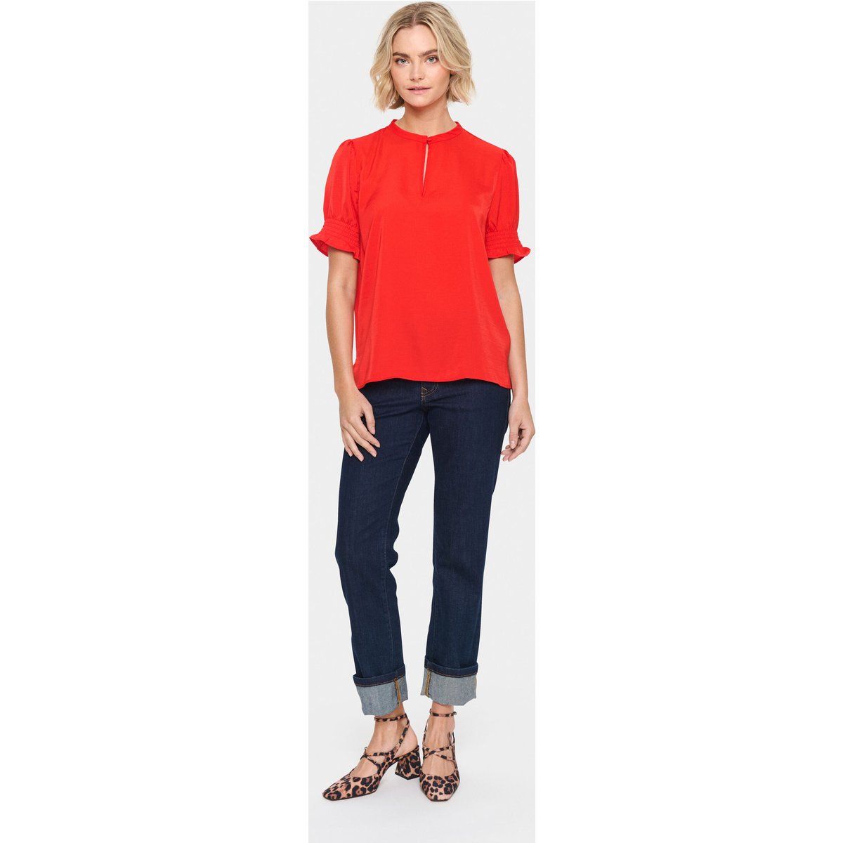 Damen Kurzarm Bluse mit Schlüssellochausschnitt