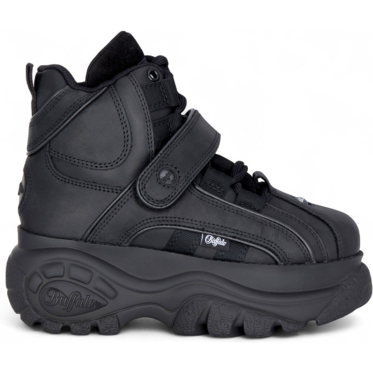 Schwarze Leder-Plateau-Stiefeletten
