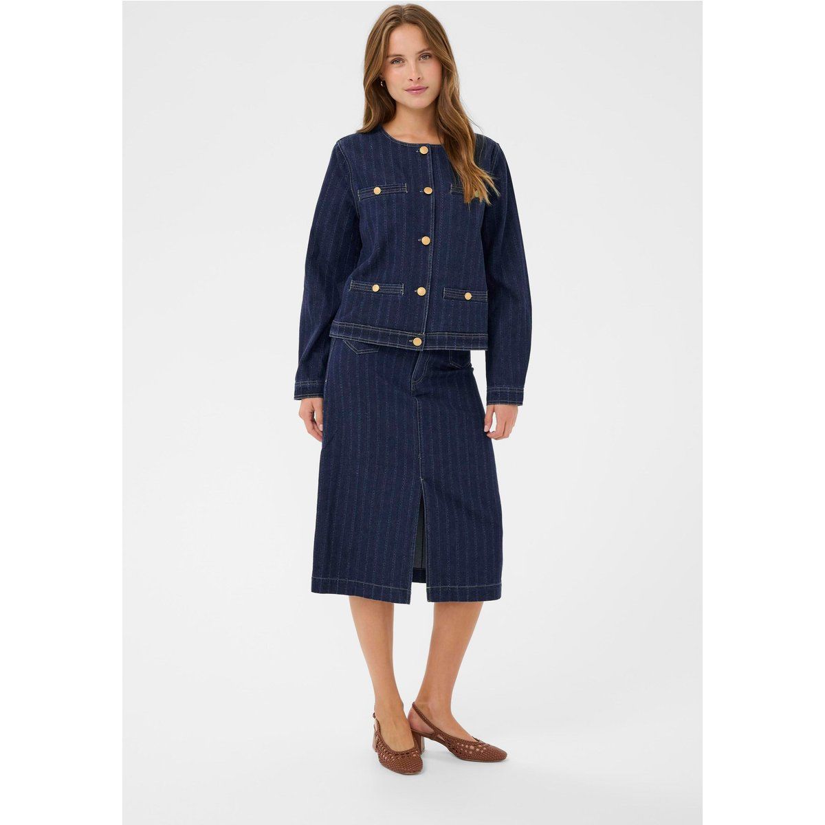 Nadelstreifen-Jeansjacke mit Goldknöpfen