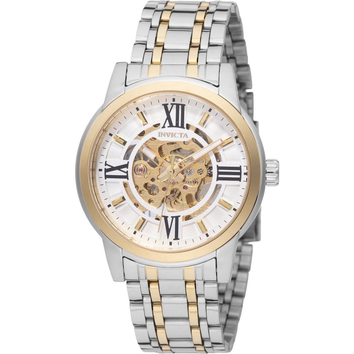 Elegante silberne und goldene Skelettuhr