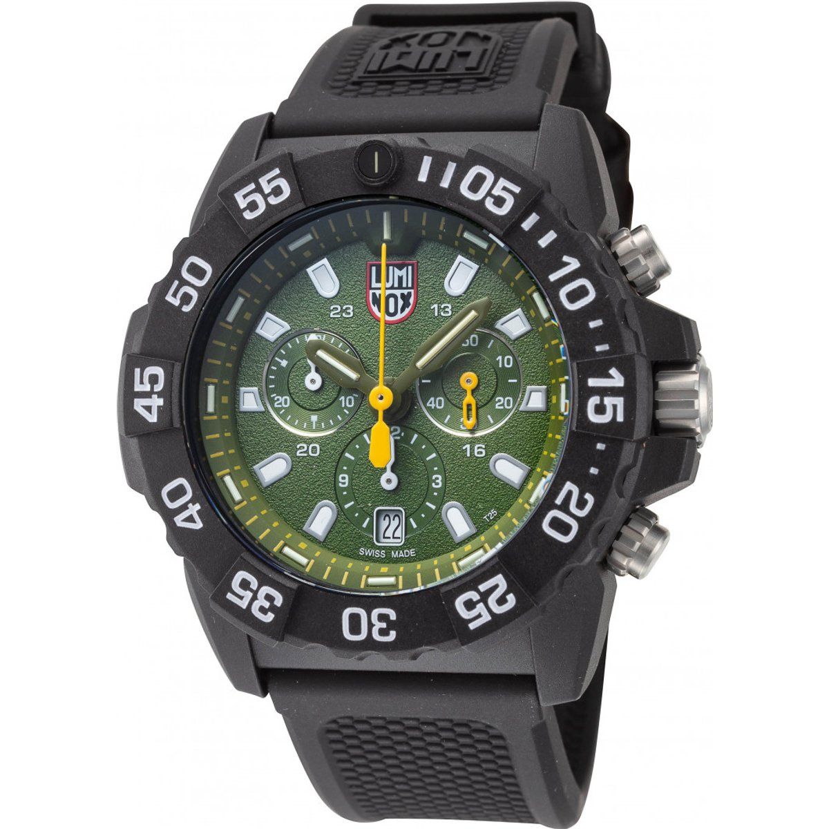 Schwarze Chronographenuhr mit grünem Zifferblatt