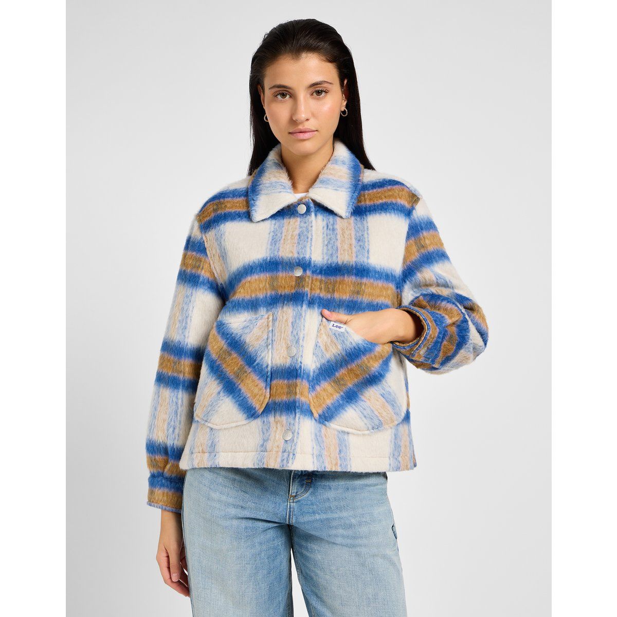 Blaue Jacke aus Wollmischgewebe mit Karomuster