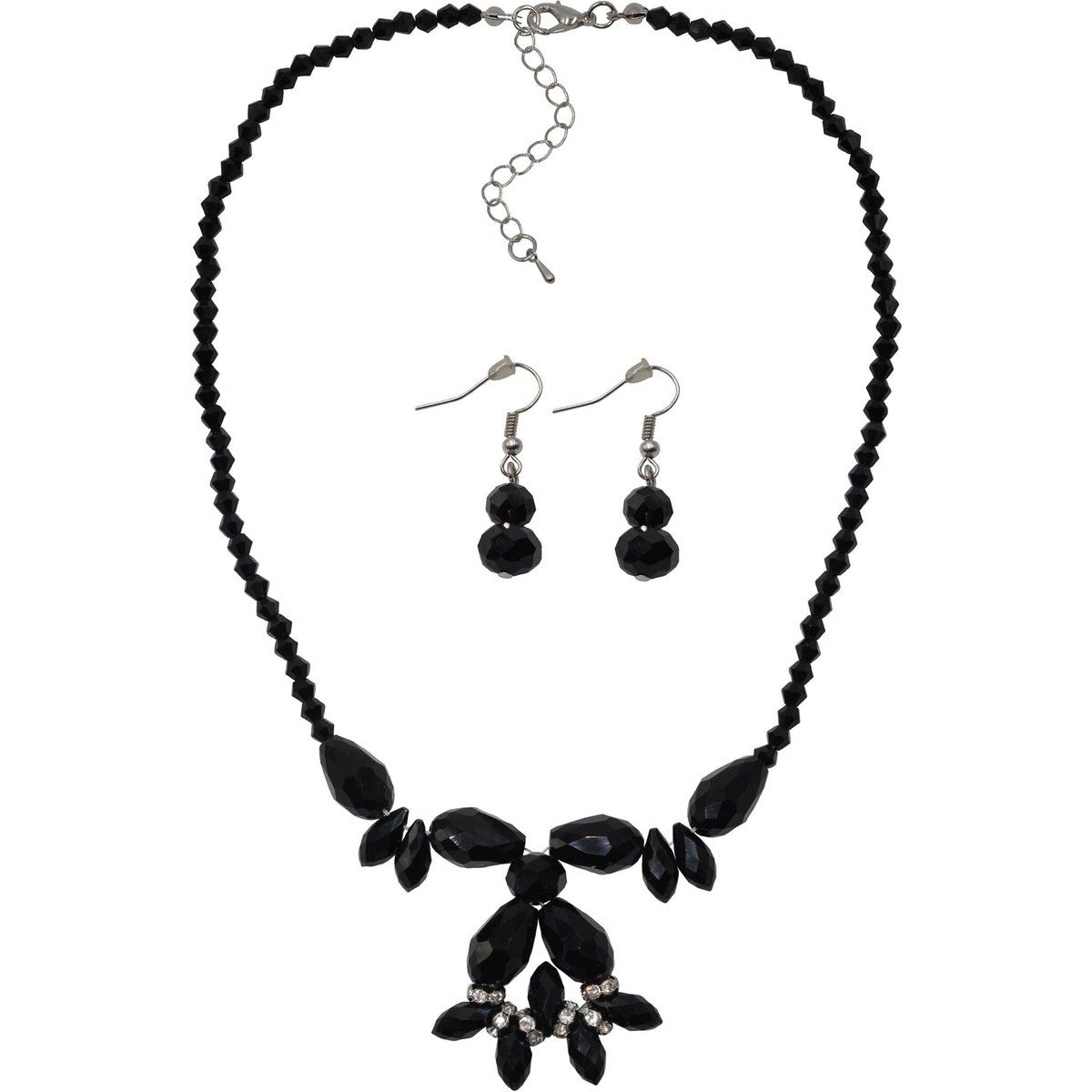 Schwarzes Kristall-Perlenkette Ohrring-Set