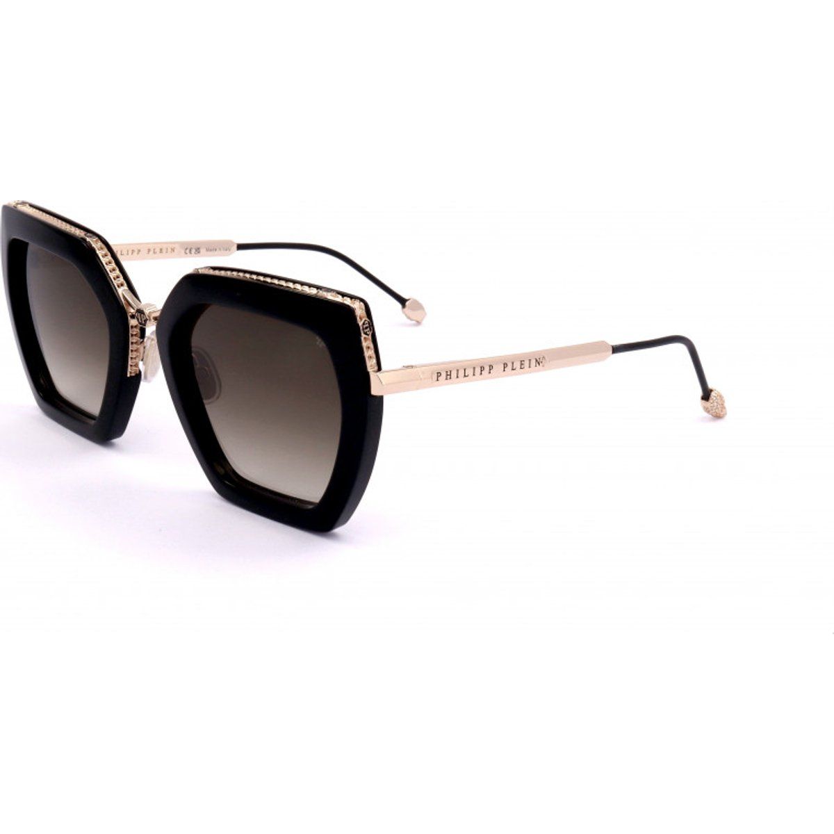 Eckige, schwarze Sonnenbrille mit goldenen Akzenten