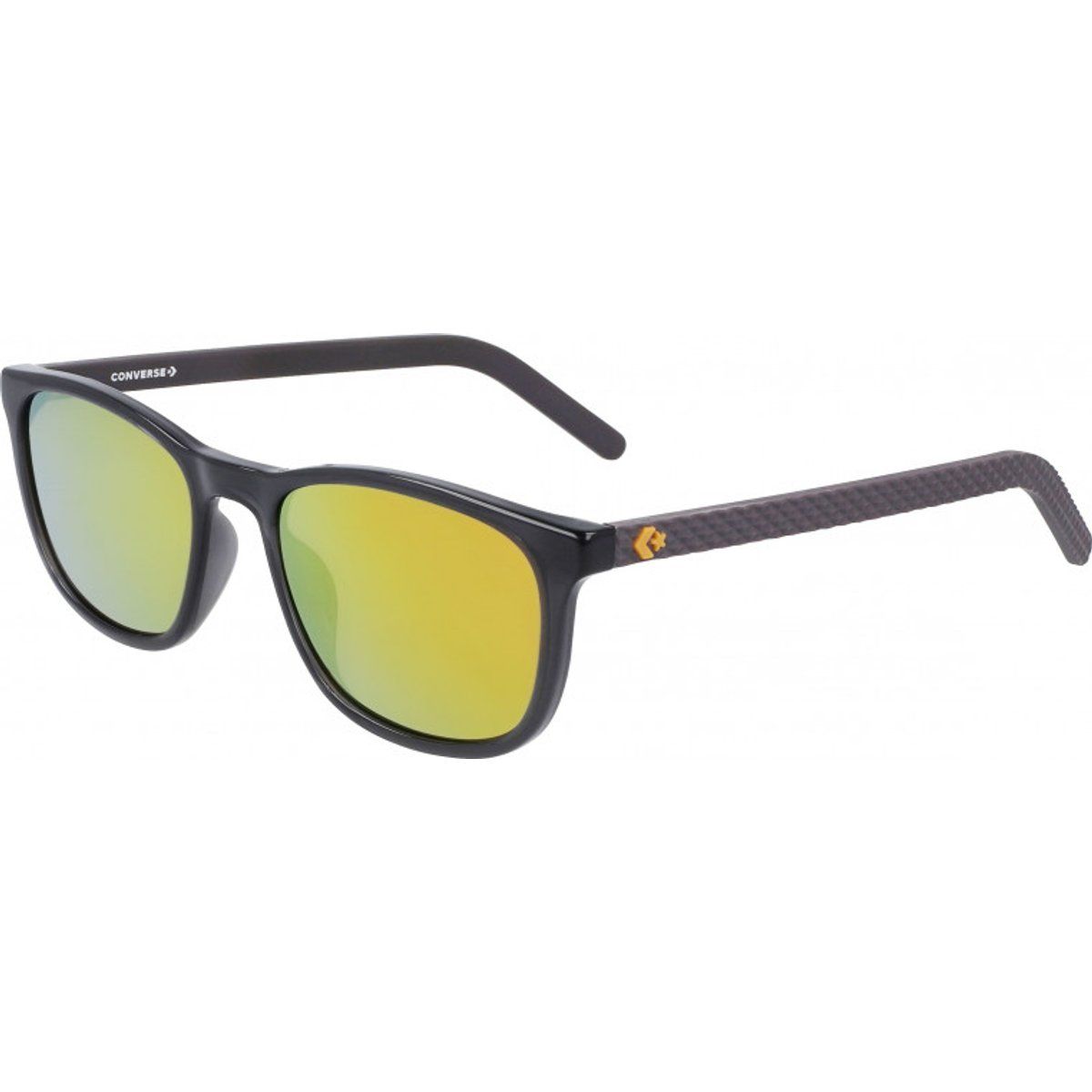 Schlanke Sonnenbrille mit schwarzem Rahmen und verspiegelten Gläsern